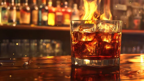 Flaming Cocktail on Bar Counter at Sunset.