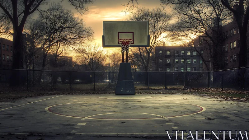 Urban outdoor basketball court at quiet sunset light.