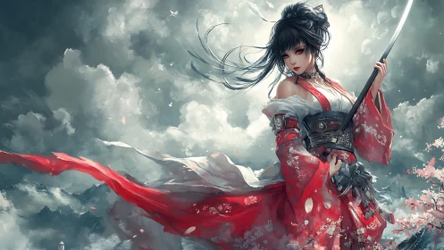 Stormlit warrior maiden in crimson kimono with katana poised.