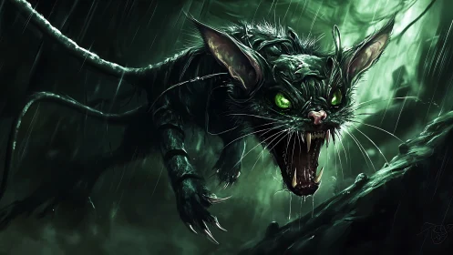 Mutant feral cat lunges through rain with glowing eyes.