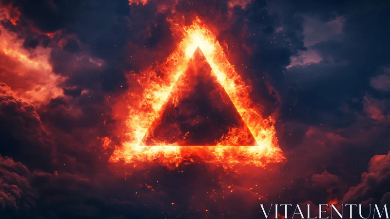 Fiery Triangle Symbol Against Apocalyptic Sky.