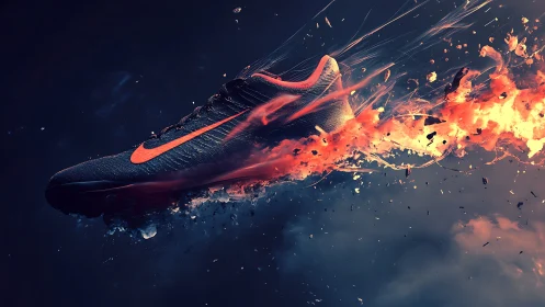 Explosive running shoe in dynamic fiery motion trail.