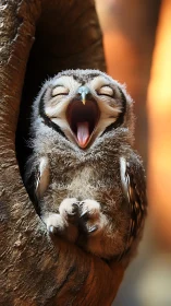 Juvenile owl mid-yawn within arboreal cavity, high detail.