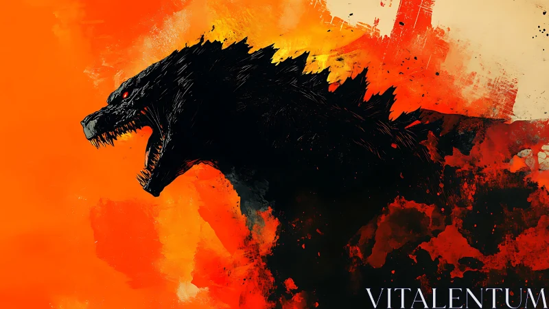 Roaring kaiju silhouette tears through molten orange sky