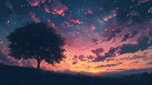 Solitary tree silhouette under multicolored dusk sky.