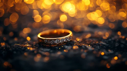 Macro analysis of diamond gold ring under warm defocused bokeh