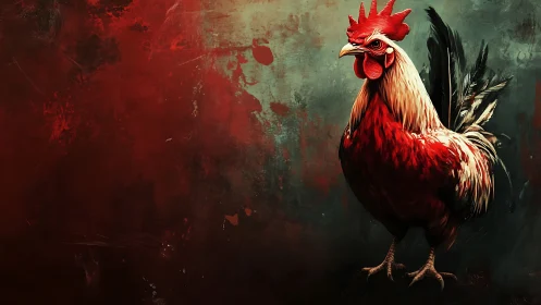 Crimson Rooster Portrait Against Distressed Background.