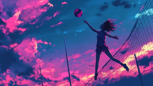 Skyline spike under neon sunset clouds in electric motion.