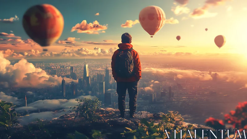 Solitary hiker overlooks sunlit city with drifting air balloons