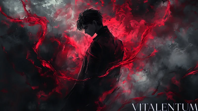 Silhouetted figure stands amid red energy in dark clouds