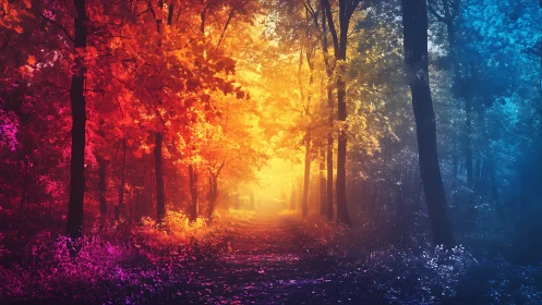 Color gradient forest path with warm and cool light tones.