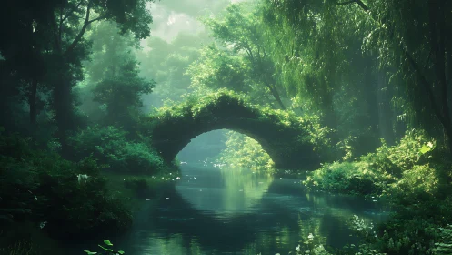 Moss-covered stone bridge spans misty emerald forest river.