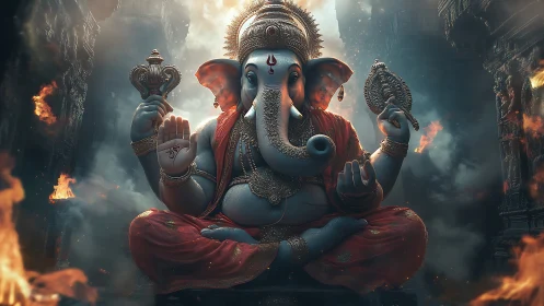 Highly detailed 3D rendering of seated Ganesha in fiery temple
