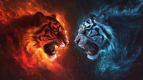 Opposing Tigers in Elemental Fire and Ice Conflict.