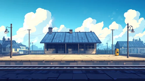 Digital painting of quiet rural train platform in noon light.