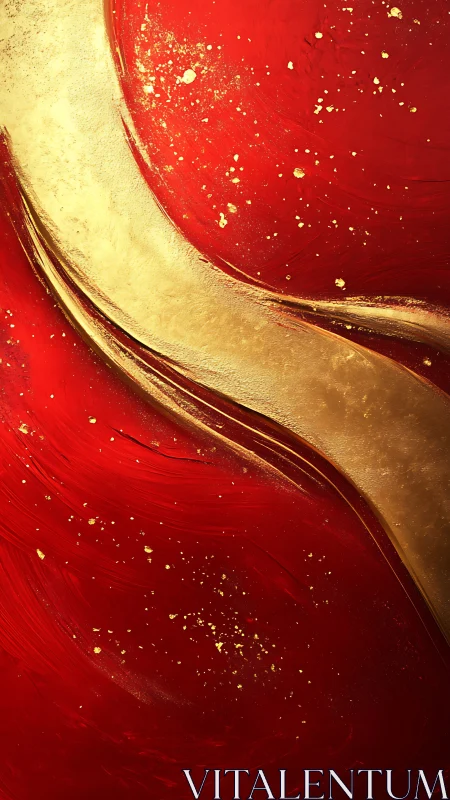 Red and gold abstract flow with curved metallic band.