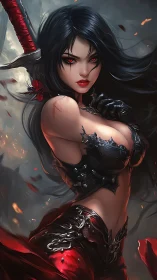 Crimson-eyed demonblade duelist in ornate infernal armor.