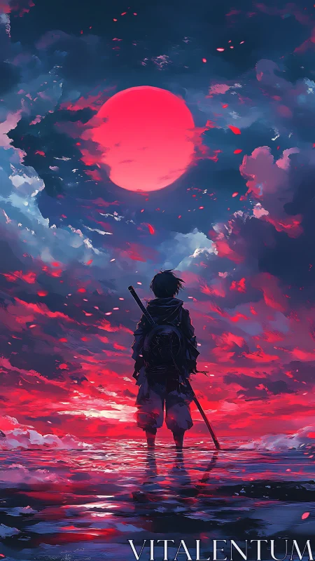 Lone swordsman silhouetted beneath crimson celestial moon.