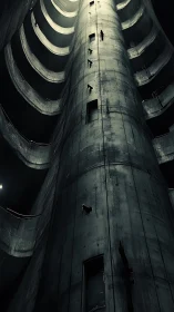 Towering concrete shaft rises with tiny climbers in shadow.