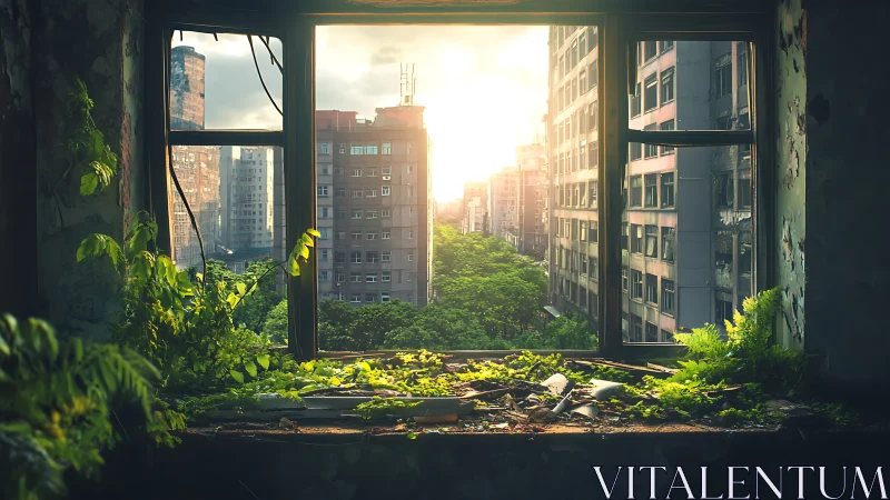Overgrown window frames sunlit urban ruins with rising greenery
