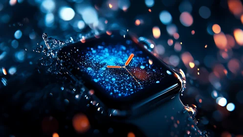 Smartwatch face glows under water splash with neon bokeh