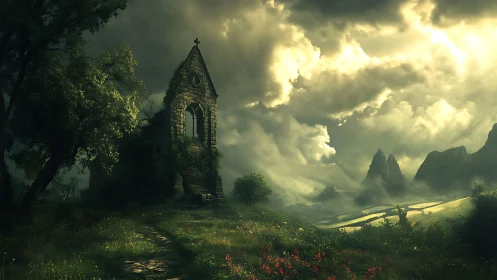 Old stone chapel ruins under stormy dramatic sky landscape