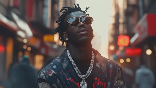 Urban portrait of stylish man in chain-lit city street glow.