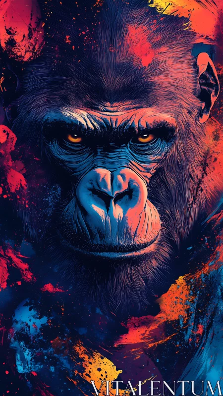 Intense gorilla portrait emerges from neon paint splashes.