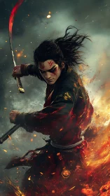 Fierce samurai warrior strikes through a storm of fire