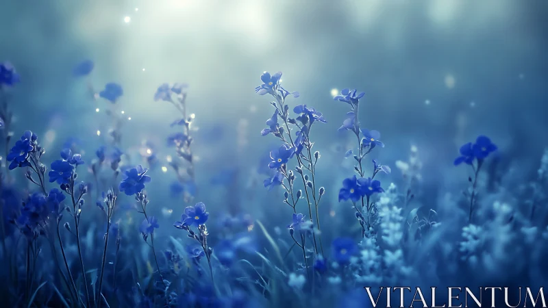 Twilight Dream Field: Blue Petals Dancing in Golden Mist.