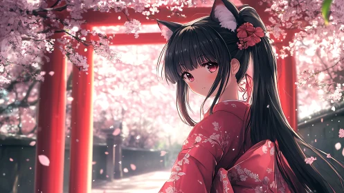 Fox-eared girl pauses beneath cherry blossoms at shrine.