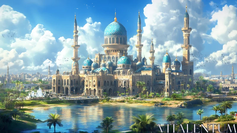Fantasy riverside palace with blue domes and tall minarets.
