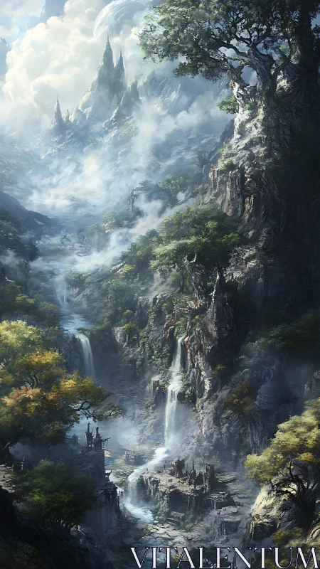 Misty fantasy canyon with waterfalls and hidden ruins.