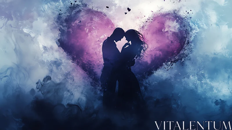 Couple silhouette embracing within heart-shaped purple pink light