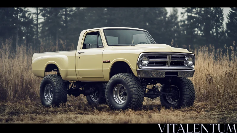 Lifted vintage pickup truck is positioned in a grassy field