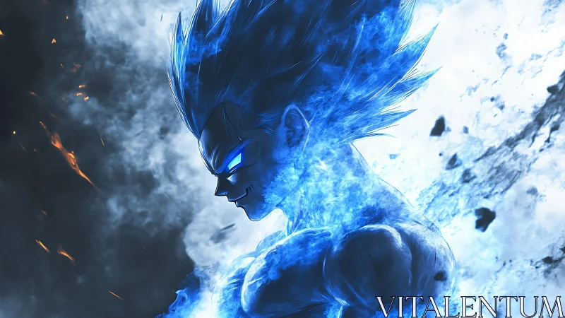 Blazing blue warrior charging through a storm of light.