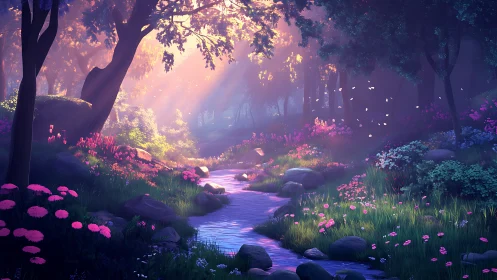 Enchanted forest creek glows beneath dreamy pastel sunlight.