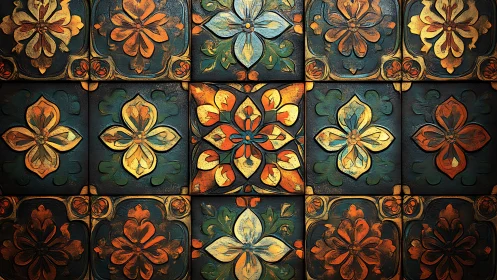 Ornate floral relief tiles in teal, amber and patinated gold