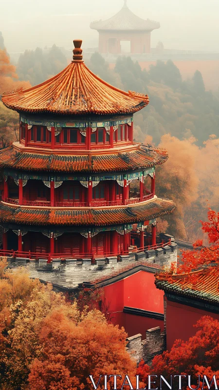 Tiered red pagoda in autumn haze with layered atmospheric depth
