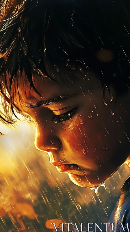 Sorrowful child profile drenched in golden evening rain.