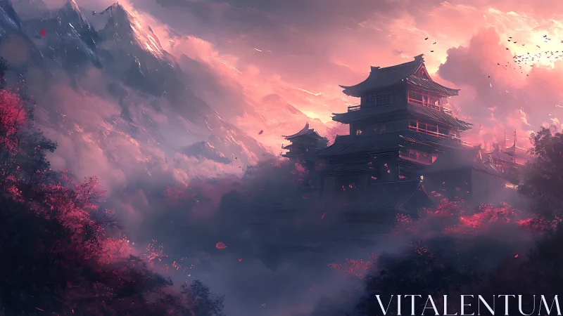 Sunlit mountain citadel emerges through atmospheric valley haze