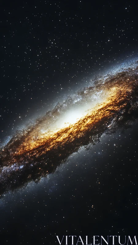 Edge-on spiral galaxy with glowing dust lane and starfield.