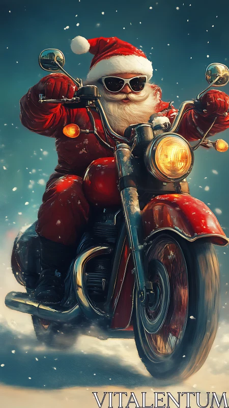 Santa Claus rides a red motorcycle through dynamic snowfall
