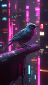 Neon-illuminated bird on cybernetic ledge in rain-slick cityscape.