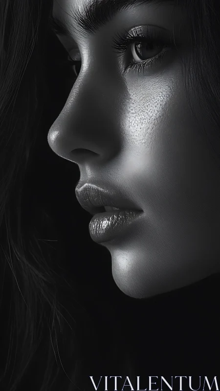 Monochrome profile study of young woman in sharp light.