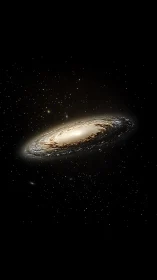 Oblique spiral galaxy disk with luminous bulge and dust lanes.