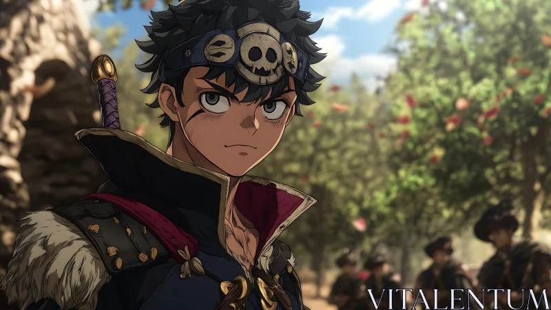 Determined young warrior stands ready in a sunlit forest path