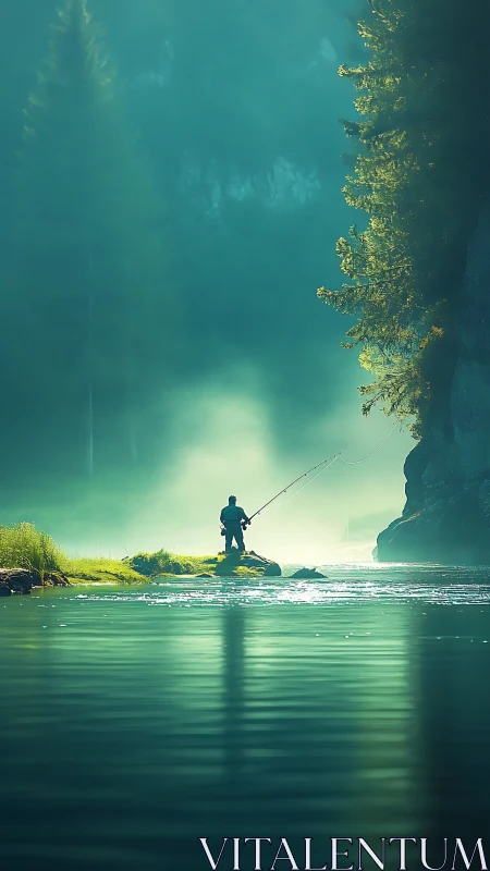 Solitary angler on misty forest riverbank at dawn light.