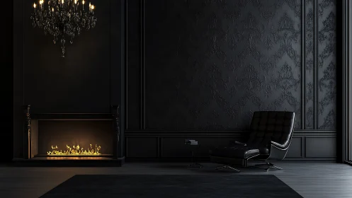 Luxurious black lounge balances chandelier glow and fireplace