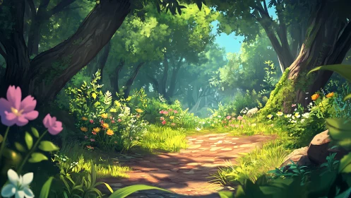 Enchanted Forest Path Through Ancient Trees.